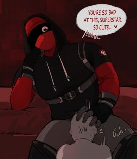 1boy 1other ambiguous_gender anon anonymous_character baseball_cap bed blowjob blush_lines degradation dialogue english_text fanart fellatio fingerless_gloves grey_body hand_on_head harness heart-shaped_pupils implied_fellatio korim_art korimart laugh male male_only monsterxmediator nauseaxe_404 oral_penetration oral_sex pants_down partially_clothed praise shadow_over_eyes sitting speech_bubble sweater tremble_spikes y/n