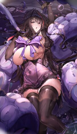 arm_up armpits azur_lane bare_shoulders black_gloves black_hair black_thighhighs blush bound bow breasts cg cleavage covered_navel dress elbow_gloves female gloves huge_breasts large_breasts long_hair looking_at_viewer lying multicolored_hair on_back open_mouth purple_bow purple_dress queen_anne's_revenge_(azur_lane) queen_anne's_revenge_(call_of_the_creeping_embrace)_(azur_lane) red_eyes red_hair restrained see-through skindentation solo streaked_hair tentacle thighhighs thighs wet