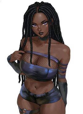 1girls african_female ai_generated big_breasts black_hair black_woman cleavage dark-skinned_female dark_skin dreadlocks fishnets long_hair looking_at_viewer original original_character purple_eyes shorts solo solo_female thick_lips thick_thighs thighs