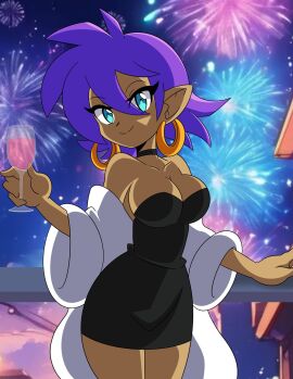 1girls bedroom_eyes big_breasts black_dress blue_eyes breasts celebration choker datwondoude female female_only fireworks fur_coat half-genie hoop_earrings hoop_earrings_oversized looking_at_viewer new_year pointy_ears purple_hair shantae shantae_(character) short_hair solo strapless_dress tagme wayforward wide_hips wine wine_glass