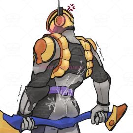 1boy anger_symbol anger_vein armor armored_male ass ass_focus back_view belt blush blush_lines blushing_through_mask bodily_fluids bow bow_(weapon) cum cum_on_back flan heavy_blush helmet kamen_rider kamen_rider_gavv_(series) kamen_rider_vram looking_back looking_back_at_viewer male male_focus male_only mask masked masked_male mmmaao pixiv_id pudding rakia_amarga solo spoon tremble_lines tremble_spikes trembling watermark weapon weapon_behind_back yellow_armor