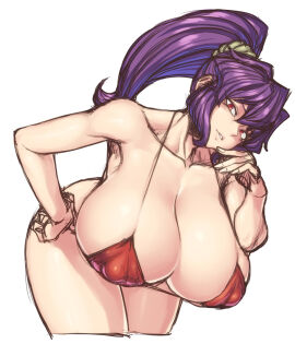 alternate_costume alternate_hair_length alternate_hairstyle bent_over bikini breasts collarbone covered_erect_nipples female fingernails hair_between_eyes hand_on_own_cheek hand_on_own_face hand_on_own_hip hand_up hanging_breasts huge_breasts kanako_yasaka long_hair mature_female milf naughty_face neck parted_lips ponytail puffy_nipples red_bikini red_eyes simple_background sketch slit_pupils solo spacezin swimsuit thick_thighs thighs touhou white_background wide_hips