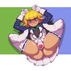 1boy ass balls big_ass big_balls big_butt blonde_hair blue_eyes bubble_ass bubble_butt bulge bulge_in_panties bulge_through_clothing clothing crossdressing curvaceous curvy curvy_figure cute dark-skinned_male dark_elf dark_skin elf elf_ears femboy girly gloves green_eyes heart heart_panties heterochromia huge_ass krimrath male male_only mare_bello_fiore mostly_clothed on_back overlord_(maruyama) panties penis penis_in_panties short_hair sissy skirt solo solo_male tagme voluptuous voluptuous_male