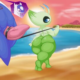 absurd_res adeviantcritter ambiguous_gender antennae_(anatomy) anthro ass beach big_ass big_butt blue_body blue_eyes bubble_ass bubble_butt celebi duo erection feral generation_2_pokemon generation_3_pokemon genital_leash genitals green_body hi_res insect_wings latios leash legendary_pokemon male male/ambiguous nintendo outside penis penis_leash pokemon pokemon_(species) sea sunset tapering_penis thick_thighs vein water white_body wide_hips wings