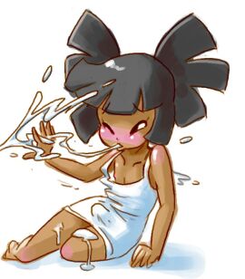 2boys after_blowjob black_hair blowjob cum cum_on_face cum_while_sucking dark-skinned_femboy dark-skinned_male dark_skin erection_while_cumshot femboy male male/male male_on_femboy male_on_male minus8 minus8_(character) naked_male original ponytails tagme unseen_male_face white_shirt