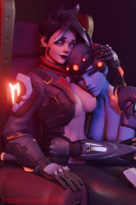 2girls 3d breasts breasts_out cuddling exposed_breasts eyes_closed female half_naked holding_partner hugging mirrorwatch operative_oxton overwatch overwatch_2 tracer tracerlover widowmaker yuri