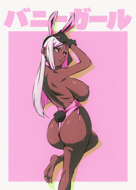2d_(artwork) breasts bunny_ears bunny_tail bunnysuit dark-skinned_female dark_skin feet female flou huge_breasts leotard nipples original original_character stella_(flou) tagme tits_out white_hair