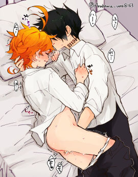 1boy arakawa_cristal artist_name ass blush clothes_pull commentary_request emma_(yakusoku_no_neverland) female fingering hand_blush hand_on_another's_head hand_on_another's_shoulder heavy_breathing highres lying male moaning number_tattoo on_bed panties pants pants_pull panty_pull ray_(yakusoku_no_neverland) shirt_grab straight sweat tattoo thighs underwear yakusoku_no_neverland