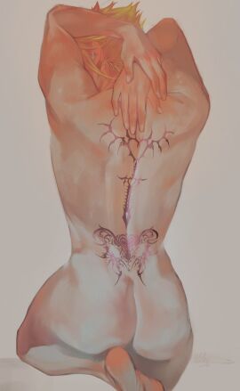 1boy ass back_markings back_muscles back_tattoo back_view blonde_hair cloud_strife color final_fantasy final_fantasy_vii grey_background light-skinned_male light_skin male male_only muscles solo spiky_hair tagme tattoo toned toned_body toned_male white_skin