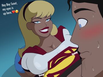 1boy 1girls ass background big_ass big_breasts blonde_hair breasts chris_kent couple couple_love dc dc_comics dialogue djpaint96-ii djpaint96_ii female focus focus_on_breasts focus_on_chest huge_ass huge_breasts jon-al justice_league_unlimited karen_starr linda_danvers male nervous nervous_face old_art smiley_face superboy superboy_(chris_kent) supergirl superman_(series) sweaty_face teenage_female