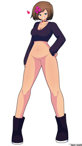 2d artist_name bottomless bottomless_female casual casual_exposure exposed exposed_pussy fanart female female_only hand_on_hip jenny_belle_(slipperyt) light-skinned_female light_skin minecraft no_panties no_sex pale-skinned_female pale_skin partially_clothed partially_clothed_female posing pussy simple_background smile smirk solo standing sweater watermark zukafu_shimoto