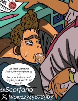 alberto_scorfano blowjob brown_hair brown_skin contract curly_hair dialogue disney domination freckles green_eyes human looking_up luca_(pixar_film) male male/male male_focus male_only nude nude_male office pixar suit_and_tie sweat tan_skin tired_eyes under_the_table watch