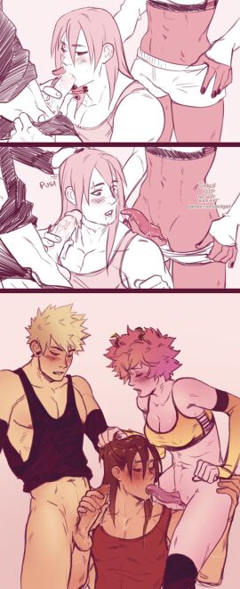 2boys ashido_mina bakugou_katsuki bisexual_male black_tank_top blonde_hair blush boku_no_hero_academia bottomless clothes_pull colored_skin dolphin_shorts earrings eijirou_kirishima erection fellatio female hair_down highres huge_clitoris jewelry kirishima_eijiro male multiple_boys multiple_males navel oral pectoral_cleavage pectorals penis pink_hair pink_skin precum pubic_hair red_hair red_tank_top short_hair shorts shorts_pull spacenipnops spiked_hair sports_bra standing tank_top thighs