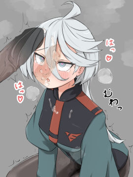 cheating cheating_wife cock_shock cum cum_on_face female gundam gundam_suisei_no_majo heart-shaped_pupils kneeling lesbian_with_male male miorine_rembran orientation_play penis penis_awe penis_sniffing pussy wet_pussy