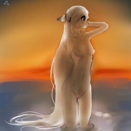 1:1 absurd_res anthro arctic_fox assette_(furrxatinity) breasts canid canine clothing female fox furrxatinity_delovia genitals hair hi_res long_hair mammal nipples nude pink_eyes shirt small_breasts solo topwear true_fox vulva white_clothing white_hair white_shirt white_topwear white_vulva