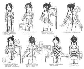 1girls ass bangtanghan black_and_white black_hair bondage bound bound_legs bound_wrists breasts ear_piercing emotionless female guide hairy_pussy looking_at_viewer nipples piercing pussy rope rope_between_breasts rope_bondage self_bondage shibari tattoo tattoo_on_arm tattoo_on_back tattoo_on_chest tattoo_on_neck tattoo_on_thigh tattoos tattoos_everywhere tutorial white_skin