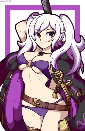 1girls alternate_costume belt bikini breasts coat female female_only fire_emblem fire_emblem_awakening fire_emblem_heroes grey_hair large_breasts monolith_tk nintendo official_alternate_costume purple_bikini purple_swimsuit robin_(fire_emblem) robin_(fire_emblem)_(female) solo swimsuit twintails