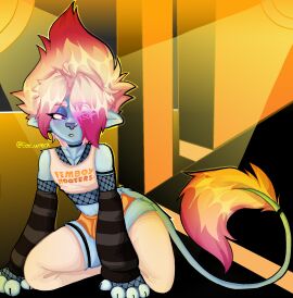 1boy bedroom_eyes blue_fur blue_skin eee_wreck femboy femboy_hooters fishnets floyd_(trolls) furry hooters hooters_uniform male male_only paws pink_hair seductive_eyes seductive_look solo tail thighhighs trolls trolls_band_together