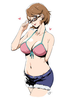 1girls adjusting_eyewear belly belly_button big_breasts bikini bikini_top brown_eyes brown_hair club3 denim denim_shorts huge_breasts looking_over_eyewear looking_over_sunglasses persona persona_3 persona_3_reload short_hair shorts standing sunglasses tinted_eyewear tongue_out yukari_takeba yukari_takeba_(swimsuit)