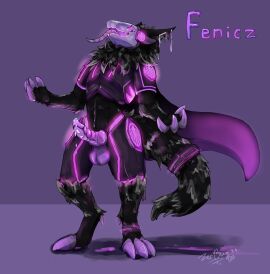 absurd_res anthro balls big_balls big_penis bodily_fluids cape claws clothing cum cybernetics cyborg ears_back english_text erection feet fenicz fur gay genital_fluids genitals hair hi_res machine male male_only mouth nude open_mouth parts penile penis pivoted_ears protogen robot screen screen_face simple_background smile solo tail teeth text tongue tongue_out visor zerbug