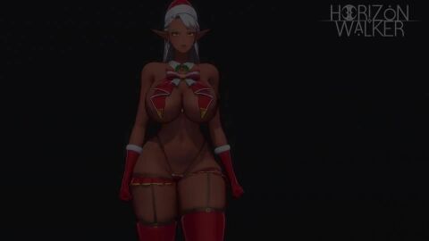 1girls 3d 3d_model alternate_costume ass barely_clothed bouncing_ass bouncing_breasts bowtie christmas_hat christmas_outfit dark-skinned_female dark_skin elf elf_ears garter_straps gloves heels horizon_walker huge_ass huge_breasts kalina_(horizon_walker) large_breasts legs lips long_hair no_bra pointy_ears simple_background sound stockings tagme thick_thighs thighs video walking white_hair yellow_eyes