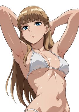 1girls absurd_res armpits arms_behind_head big_thighs bikini blue_eyes breasts female female_only gundam gundam_wing hi_res huge_thighs jabara_tornado large_thighs long_hair looking_at_viewer navel relena_peacecraft swimsuit thick_thighs thighs voluptuous white_background