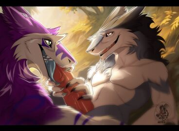 anthro duo eye_contact fellatio furry genitals handjob hi_res holding_penis looking_at_another male male/male omez open_mouth open_smile oral outside penile penis sergal sex smile tongue