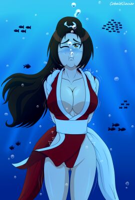 1girls cobaltglacier asphyxiation ass_visible_through_thighs big_breasts breasts brown_eyes brown_hair bubble clothed clothing commission drowning fatal_fury female fish holding_breath king_of_fighters kunoichi long_hair mai_shiranui peril ponytail puffy_cheeks sea snk solo thighs thong tied_arms underwater