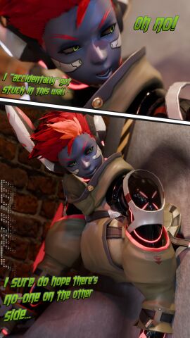 big_ass breasts female glowing_genitalia grey_body inviting medium_breasts multicolored_hair robot robot_girl smug stuck_in_wall