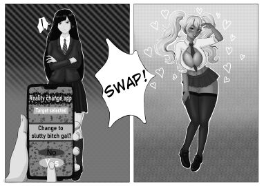 absurdres before_and_after betyboo black_hair blonde_hair brain_drain breast_expansion breast_growth breast_growth_(enlargement) breasts cell_phone dark-skinned_female dark_skin ebonization female female_only femsub ganguro gyaru gyarufication hypnotic_app kogal large_breasts long_hair miniskirt monochrome open_clothes original reality_warping school_uniform skirt smartphone text thighhighs transformation tsundere