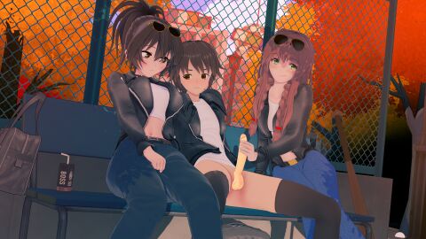 1boy 2girls 3d alternate_hairstyle babes biker_girl biker_jacket braids breasts brown_hair coral_brown_hair crop_top doki_doki_literature_club edit edited female femc_(doki_doki_literature_club) green_eyes hot_babes jeans koikatsu looking_at_breasts looking_away male mc_(doki_doki_literature_club!) monika_(doki_doki_literature_club) multiple_females multiple_girls park park_bench penis public_handjob stroking_cock sunglasses_on_head twin_braids yellow_eyes