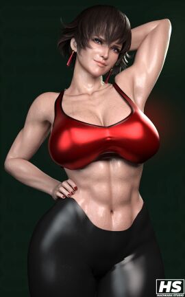 1girls 3d brown_hair capcom female female_only fiorayne hagiwara_studio high_resolution highres monster_hunter monster_hunter_rise muscular muscular_female purple_eyes short_hair solo sports_bra sportswear sweat sweatdrop tagme