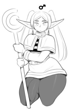 1boy bottom_heavy bulge bulge_through_clothing clothed clothing earrings elf elf_ears elf_male femboy frieren frieren_beyond_journey's_end fully_clothed huge_cock hung_femboy hung_trap male male_only male_symbol onaeane penis pointy_ears red_earrings solo sousou_no_frieren thick_thighs wide_hips