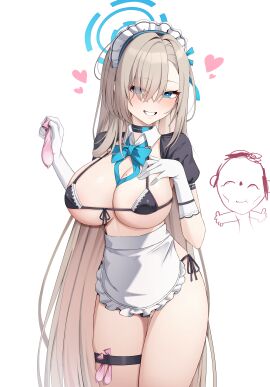 1boy absurdres apron asuna_(blue_archive) bikini black_bikini blonde_hair blue_archive blue_bow blue_bowtie blue_eyes blue_halo blush bow bowtie breasts cameltoe choker cleavage condom detached_collar detached_sleeves doodle_sensei_(blue_archive) female gloves grin hair_over_one_eye halo highres holding holding_condom kisa_(leg3043) large_breasts long_hair looking_at_viewer maid maid_apron maid_bikini maid_headdress mole mole_on_breast puffy_short_sleeves puffy_sleeves sensei_(blue_archive) short_sleeves smile swimsuit thigh_strap thighs unconventional_maid used_condom very_long_hair white_gloves