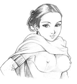 drawing, greyscale, hourglass figure, medium breasts, milf, monochrome, nip...