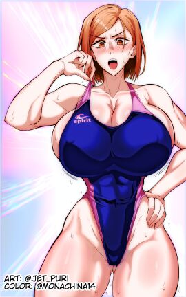 1girls alternate_breast_size big_breasts blush breasts breasts_bigger_than_head busty cleavage female female_only giant_breasts gigantic_breasts highleg_swimsuit huge_breasts jet_puri jujutsu_kaisen kugisaki_nobara one-piece_swimsuit orange_eyes orange_hair solo sweat swimsuit