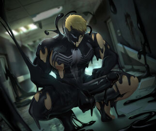 1boy abandoned_building abs absorption assimilation balls big_pecs big_penis blonde_hair cocky dutch_angle eddie_brock erection evil_grin facial_hair gasaiv goo goo_dripping goo_transformation looking_at_viewer looking_down looking_down_at_viewer male male_only marvel marvel_comics muscular muscular_arms muscular_chest muscular_thighs naughty_face nipples pecs penis pov pov_eye_contact rape_face smile smiling_at_viewer smirk smirking_at_viewer smug solo solo_male spread_legs squatting transformation venom_(marvel)