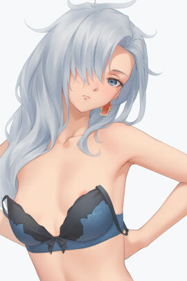 1girls a_(xenoblade) bare_shoulders black_bra blue_eyes bra core_crystal earring female female_only flat_chest highres long_hair midriff miura-n315 monolith_soft nintendo nipples pointy_chin silver_hair undone_bra undressing upper_body very_long_hair xenoblade_(series) xenoblade_chronicles_3 xenoblade_chronicles_3:_future_redeemed