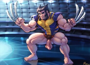 armpit_hair balls bara beard big_balls big_penis bulge claws clothing flaccid logan_(x-men) male male_only male_pubic_hair marvel marvel_comics muscular muscular_male penis pubic_hair rho_art solo solo_male tight_clothing wolverine_(x-men) x-men yaoi