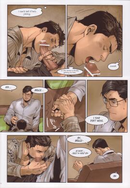 2boys batman batman_(bruce_wayne) bruce_wayne chest_hair clark_kent comic comic_page dc dc_comics gay kal-el kneeling licking_penis male male_only penis shirt_open sitting superman superman_(clark_kent)