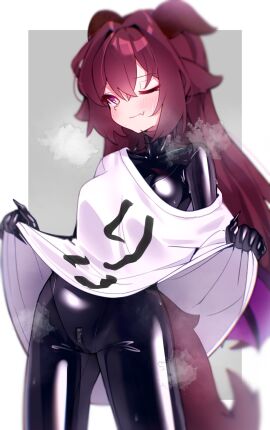 1girls animal_ears bodysuit commission crotch_zipper cute_fang female highres horns jpg latex latex_bodysuit latex_under_clothes long_hair long_shirt looking_at_viewer maguro27 one_eye_closed original purple_eyes red_hair shirt skin_tight solo t-shirt zipper