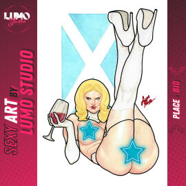 blonde_hair blue_eyes censored censored_genitalia censored_nipples censored_pussy emma_frost female lucas_silva lumo_studio marvel marvel_comics pinup pussy star_censor traditional_media_(artwork) white_queen wine wine_glass x-men