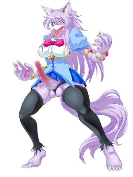 3:4 absurd_res accessory anthro barefoot big_breasts blue_clothing blush bodily_fluids bottomwear breasts canid canine canis censored censored_genitalia claws clothing corruption fangs feet female fur futanari genitals grey_body grey_fur grey_hair hair hi_res humanoid intersex jewelry knot legwear leona_(mgratmd) long_tongue magical_girl_outfit magical_girl_rika_and_the_monster_dungeon mammal morumotto2234 nipples open_mouth pawpads penis red_eyes saliva simple_background skirt solo stockings teeth toe_claws tongue torn_clothing transformation wolf