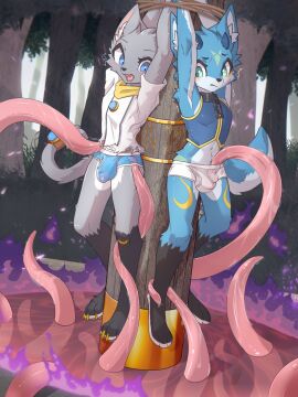 absurd_res accessory ambiguous_fluids anthro arm_tuft arms_tied blue_eyes blush bound briefs bulge cheek_tuft claws clothing collar cute_fangs duo eyebrows eyelashes facial_tuft feet felid feline fire forest forest_background fur fur_markings furgonomics hi_res imminent_sex imminent_tentacle_sex inner_ear_fluff jewelry male male_only mammal markings nature nature_background navel open_mouth paws penis pink_tentacles plant ricky945 ring sex shirt shoulder_tuft struggling tail tail_accessory tail_jewelry tail_ring teeth tentacle tentacle_around_leg tentacle_on_penis tentacle_pit tentacle_sex tentacle_under_clothing tied_to_pole tongue topwear torn_clothing torn_shirt torn_topwear tree tuft underwear