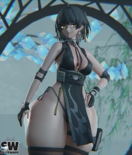 1girls 3d 3d_(artwork) ahoge black_hair blender blender_(artwork) blender_(software) blender_cycles bottom_heavy breasts cleavage clothed clothing curvaceous curvaceous_body curvaceous_female curvaceous_figure curvy curvy_body curvy_female curvy_figure female_rover_(wuthering_waves) hair_ribbon kuro_games long_hair looking_at_viewer olive_eyes ponytail rover_(wuthering_waves) skindentation small_breasts snippwapp solo solo_female solo_focus stockings thick_thighs thong wide_hips wuthering_waves