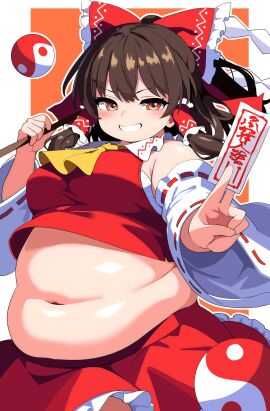 ass bbw belly_overhang big_belly big_female black_hair blush chubby chubby_female embarrassed fat fat_ass fat_female fat_fetish fat_rolls fatty female giantess large_female mini_giantess nerizou obese obese_female overweight overweight_female pig plump pork_chop reimu_hakurei thick_thighs touhou tubby weight_gain