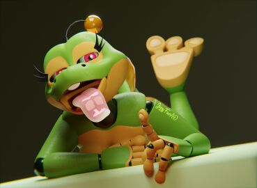 2020s 2022 3d absurd_res amphibian animatronic antennae_(anatomy) anthro bedroom_eyes breasts buckteeth cleavage clothed clothing digital_media_(artwork) female five_nights_at_freddy's freddy_fazbear's_pizzeria_simulator frog glistening glistening_tongue happy_frog hi_res jizzyfox looking_at_viewer lying machine narrowed_eyes non-mammal_breasts nude nude_anthro nude_female on_front open_mouth open_smile robot robot_anthro scottgames seductive smile solo teeth the_pose tongue tongue_out watermark