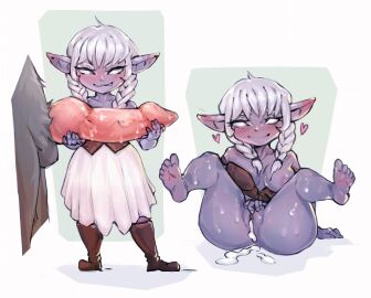 1boy 1girls after_vaginal animal_genitalia animal_penis bent_legs bestiality big_penis black_fur blush breasts canine_penis cinela cum cum_in_pussy cum_inside cute_fang ear_blush empty_eyes feet female female_focus holding_penis league_of_legends long_hair looking_at_viewer male nude nude_female penis pointy_ears purple_skin pussy shortstack sitting smiling smiling_at_viewer thick_thighs tristana twin_braids warwick werewolf white_background white_eyes white_hair yordle