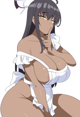 1girls big_breasts black_hair blue_archive breasts chelsea_cola dark-skinned_female dark_skin female female_only halo karin_(blue_archive) kneeling long_hair mcdolkun naked_apron solo yellow_eyes