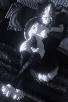 2024 3d anthro areola bed bedroom bedroom_eyes black_nipples breasts canid canid_demon canine canis claws clothing collar demon digital_media_(artwork) ear_piercing exposed_breasts female fever-dreamer fingerless_gloves fingers fur furniture gloves glowing glowing_eyes grey_body grey_fur hair handwear hellhound helluva_boss hi_res inside legwear light long_hair looking_at_viewer loona_(dogzeela) loona_(helluva_boss) lying mammal moonlight mostly_nude multicolored_body mythological_canine mythological_creature mythology narrowed_eyes nipples on_back open_mouth piercing red_sclera seductive smile solo spiked_collar spikes stockings tongue tongue_out two-tone_body white_body wolf